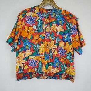 Vintage 80s Notation Womens Orange Hawaiian Floral Top Size Large Plus Size